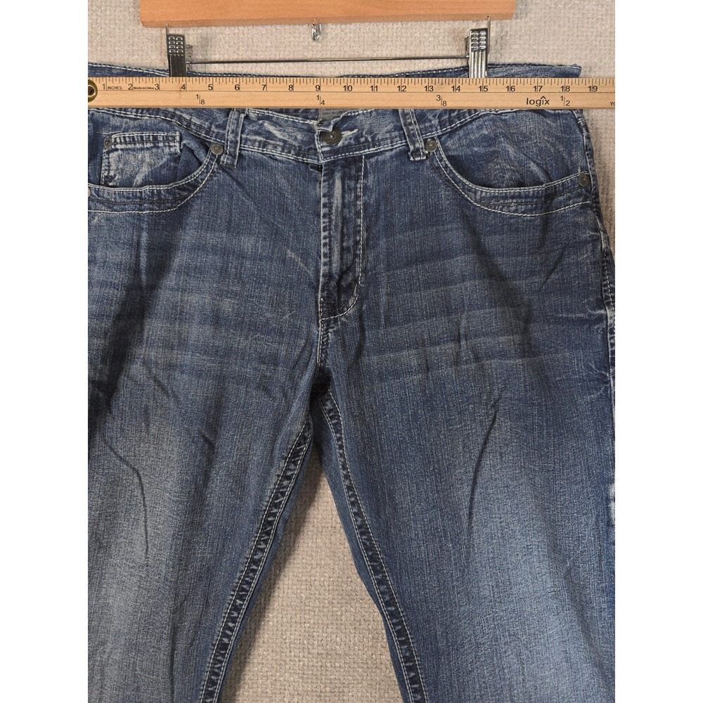 Axe & Crown Mens Slim Boot Jeans 36x29 Blue Distressed Thick Stitch Embroidered - Picture 3 of 10